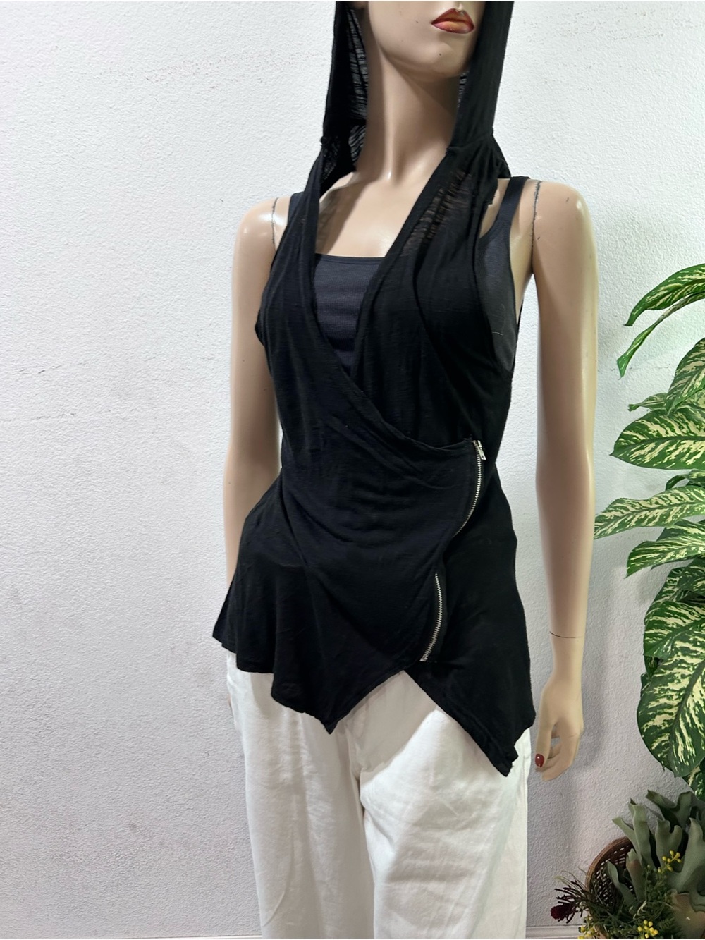 Sugar Lips Black Hooded Wrap Tank Top with Asymmetrical Zip